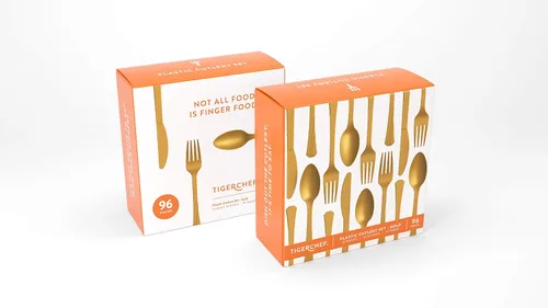 Vista 2 de Tiger Chef - Cubertería de plástico de color resistente, incluye tenedores, cucharas para el té y cuchillos, Dorado