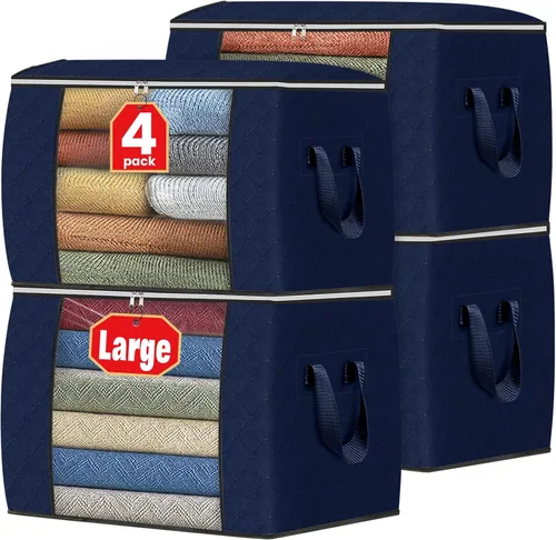 Vista 48 de Fab totes Paquete de 3 bolsas de almacenamiento plegables de tela gruesa, contenedores para organizar dormitorio, armario, ropa, edredón, Beige