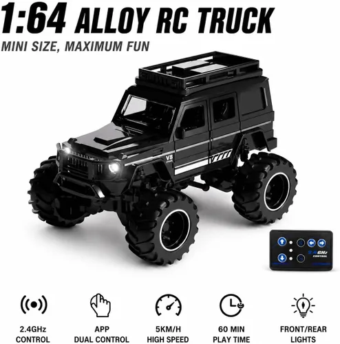 Vista 3 de 1:64 Mini RC Crawler Car, camión de control remoto de aleación con control de aplicación, controlador de 2.4 GHz, 3 modos de velocidad, luces LED