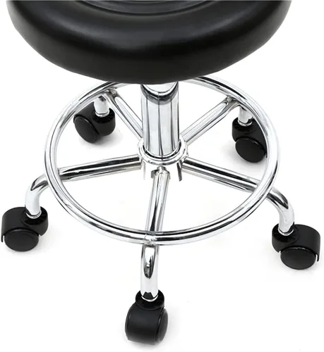 Vista 9 de Taburete multiusos para salón, taburete giratorio ajustable con cojín trasero y ruedas, perfecto para salón de belleza, spa, tatuaje, masaje