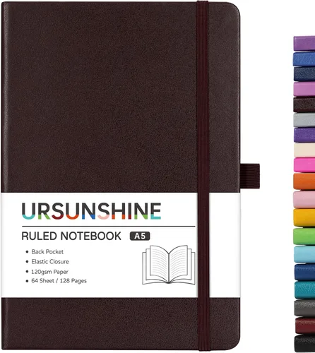 Vista 62 de Cuaderno punteado, diario, 5.3 x 8.26 pulgadas, tapa dura, prémium, papel grueso, doble espiral, bandas, cuero negro sintético, lazo para bolígrafo