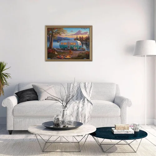 Vista 5 de Rompecabezas de 500 piezas para adultos, familias, camping, coche, junto al lago, fogata, formación de madera, entretenimiento, decoración