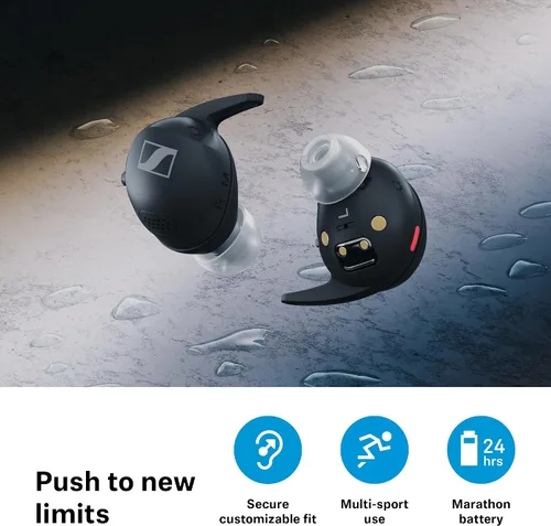 Vista 5 de Sennheiser Momentum Sport - Auriculares con ajuste de sonido deportivo y ANC adaptativo, ajuste seguro, duración de la batería de 24 horas, Negro