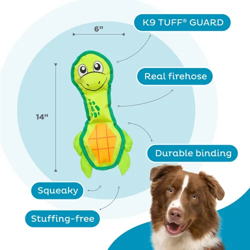 Vista 3 de Outward Hound Fire Biterz - Juguete interactivo de peluche para perro con forma de tortuga, tamaño mediano, hecho de material de manguera contra
