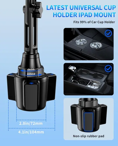 Vista 3 de Soporte para tablet para automóvil, soporte para iPad de auto, versión mejorada, soporte universal para tazas, cuello largo ajustable, para tableta