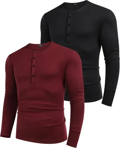 Vista 4 de COOFANDY Paquete de 2 camisetas básicas de algodón para hombre, de manga larga, ligeras, casuales, de algodón