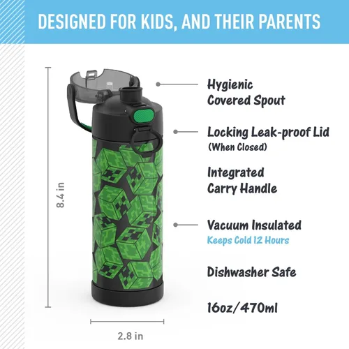 Vista 3 de THERMOS FUNTAINER Botella de agua con boquilla, 16 onzas, Minecraft, el estilo puede variar