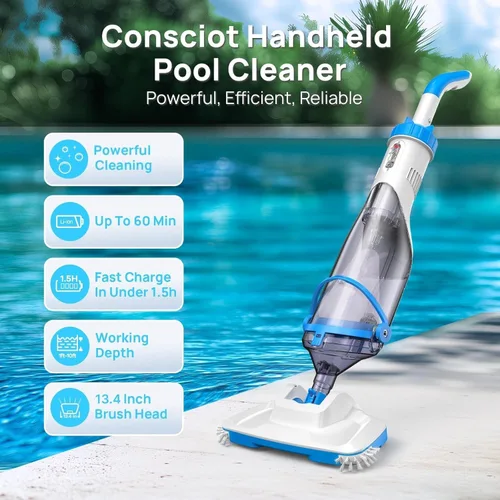 Vista 2 de Consciot Aspiradora de piscina de mano con poste telescópico, succión de 18.5 GPM, hasta 1 hora de tiempo de funcionamiento, limpiador inalámbrico