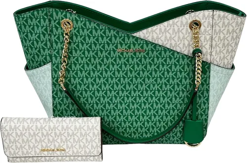 Vista 4 de Michael Kors Jet Set - Cartera triple con cadena grande color verde palmetto con bloques de color verde, Verde
