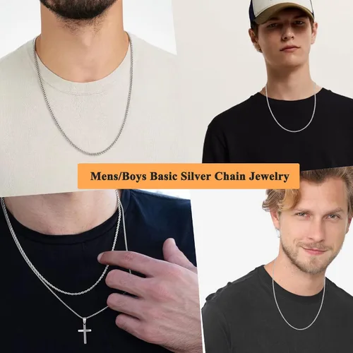 Vista 4 de Reoxvo Collares de cadena de plata para hombres, niños y mujeres, caja de acero inoxidableFigarocuerda trenzadacollar de cadena de eslabones cubanos