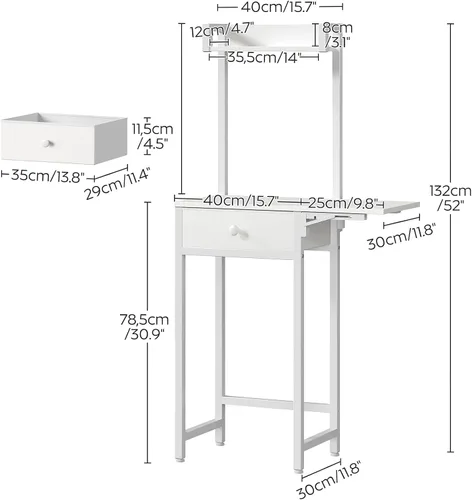 Vista 7 de YATINEY Escritorio pequeño sin espejo, mesa de tocador de maquillaje para espacios pequeños, tocador blanco compacto con panel plegable y cajón