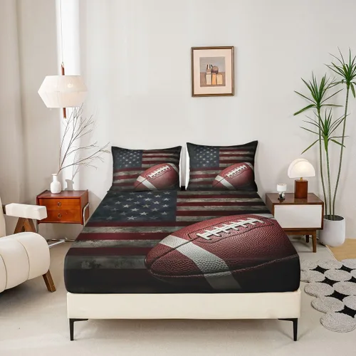 Vista 6 de Erosebridal Sábana bajera ajustable con la bandera estadounidense, sábanas de fútbol para niños, juego de ropa de cama de fútbol individual, juego