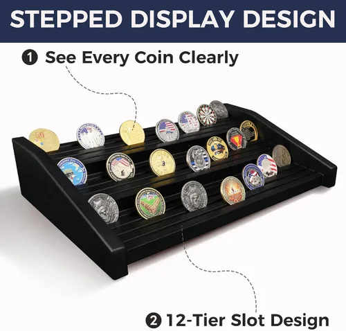 Vista 4 de Challenge - Soporte de exhibición de monedas, 12 filas de madera maciza, soporte militar para monedas con capacidad para 80-100 monedas, estante