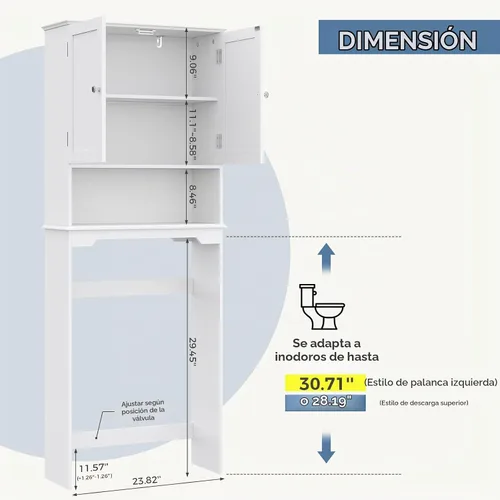 Vista 2 de DUMOS Gabinete de almacenamiento sobre el inodoro con puertas dobles Blanco luminoso