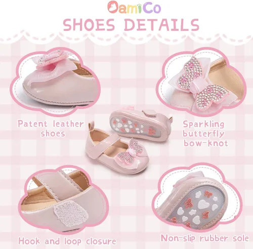 Vista 5 de Zapatos planos Mary Jane para bebés y niñas, suela de goma antideslizante con Bownot para primeros pasos, zapatos de vestir de boda de princesa