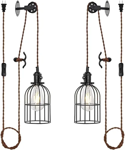 Vista 12 de Lámpara colgante enchufable, lámpara de pared con polea de granja con cable e interruptor de enchufe marrón de 7 pies, lámparas colgantes