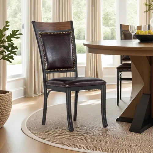 Vista 4 de Powell Furniture Franklin - Juego de 2 sillas de comedor de metal y piel sintética con clavos acentuados en madera, color marrón oscuro