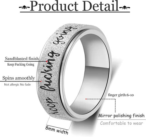Vista 2 de LuckyAmor Anillo para ansiedad para mujer anillo giratorio de acero inoxidable con mantra inspirador personalizado para hombres, mujeres y amigos