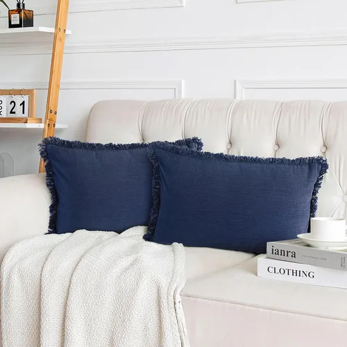 Vista 22 de Paquete de 2 fundas de almohada de lino con borlas con flecos decorativas rústicas naturales para cojín de sofá, sofá, dormitorio 16 x 16 pulgadas