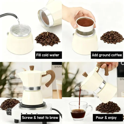 Vista 4 de Olla moka premium, cafetera espresso para estufa, cafetera percoladora, cafetera italiana, café cubano, cafetera greca (negro, 3 tazas 5.1 fl oz)