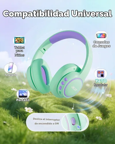 Vista 6 de Acer OHR702 - Auriculares Bluetooth para niños con micrófono integrado Verde Púrpura