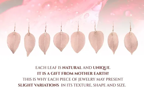 Vista 28 de Joyas de hoja de oro rosa y plata para mujer. Pendientes de hoja natural y collares circulares colgantes. Elegantes conjuntos de joyas colgantes.