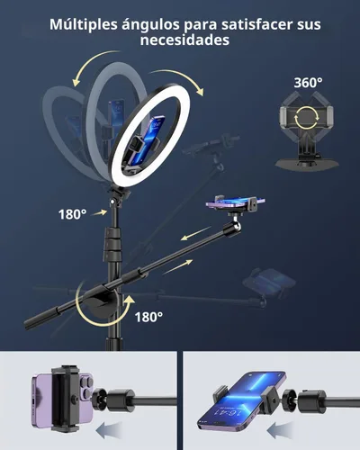 Vista 3 de UBeesize Anillo de luz de 12" con soporte para teléfono superior y soporte Trípode para iPhone con luz de anillo y control remoto, barra transversal