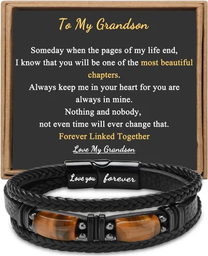 Vista 9 de Regalos únicos para hombres, pulsera de cuero para hombres, papá, novio, hijo, nieto, hermano, te amo para siempre, piedra ojo de tigre, día