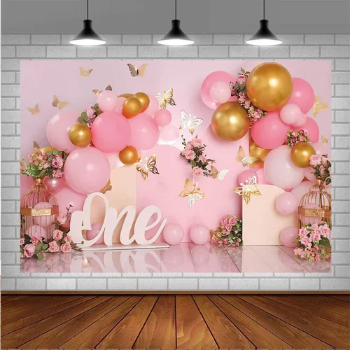 Vista 7 de Telón de fondo de 1er cumpleaños para niña, globos rosados, mariposa dorada, dulce para niños, decoración de fiesta de cumpleaños, fotografía