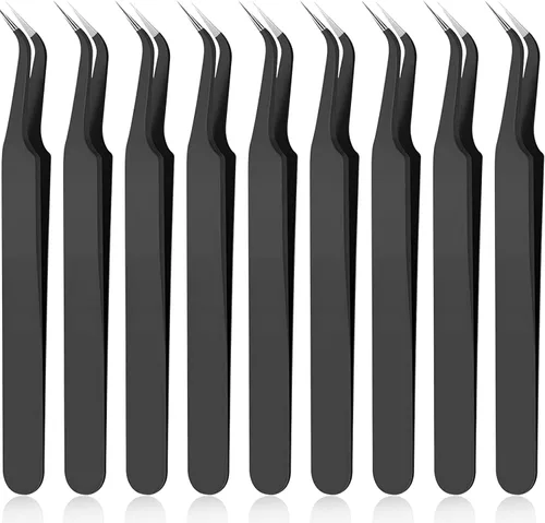 Vista 13 de Honoson 9 pinzas curvadas puntiagudas para manualidades, pinzas de precisión de acero inoxidable con cubierta protectora para diamantes