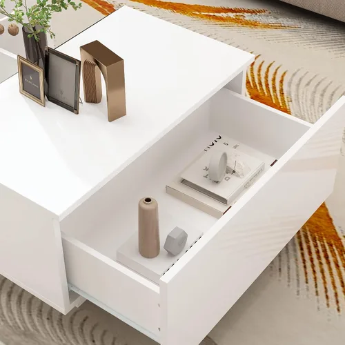 Vista 7 de ECACAD Moderna mesa auxiliar LED con cajones y compartimentos abiertos, mesa central rectangular con parte superior de cristal para sala de estar