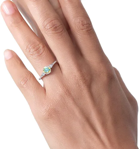 Vista 5 de Gem Stone King Anillo de compromiso de oro blanco de 10 quilates con topacio místico azul simulado de zafiro y diamante de 3 piedras para mujer