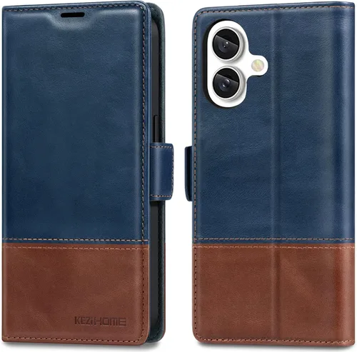 Vista 10 de KEZiHOME Funda de piel auténtica compatible con iPhone 16, con bloqueo RFID, con soporte para tarjetas, función atril magnético, funda protectora