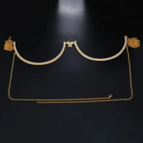 Vista 6 de Jeweky Cadena de cuerpo con diamantes de imitación dorados, soporte de pecho, cadenas de brasier, joyería para el cuerpo, bikini, discoteca