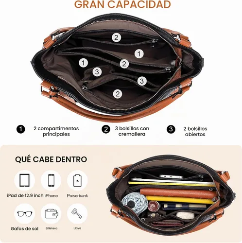 Vista 5 de Over Earth Genuine Leather Purses for Women Soft Large Crossbody Hobo Bags 02-negro/marrón