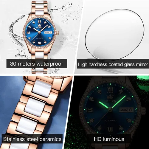 Vista 4 de OLEVS Relojes para mujer, pulsera de cerámica mecánica de cuerda automática, regalo del día del corazón Azul