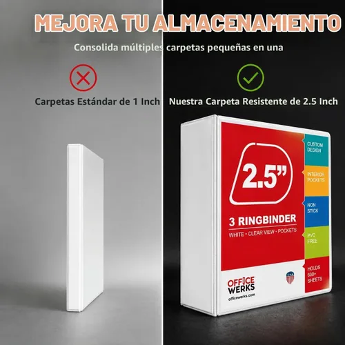 Vista 4 de Carpeta de 3 aros, aros inclinados con forma en D, portada con bolsa transparente.