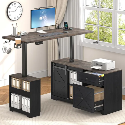 Vista 3 de St.Mandyu Escritorio eléctrico de pie en forma de L de 55 pulgadas con cajón de archivos y puerta corrediza, escritorio de esquina de altura