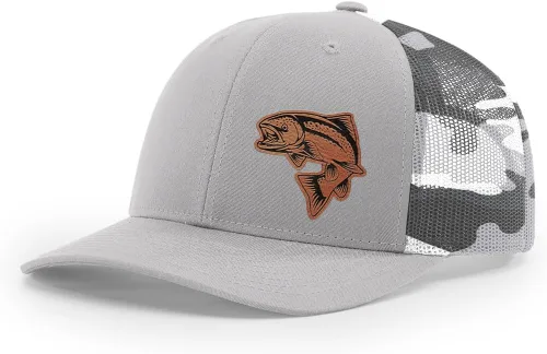 Vista 28 de Sombrero de pesca de salmón con parche de cuero grabado láser Richardson 112 Snapback Trucker Cap