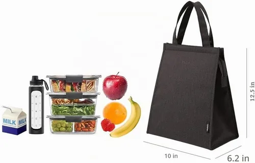 Vista 7 de Bolsa de almuerzo negra para hombres – Bolsa de almuerzo con cremallera para mujer, lonchera simple reutilizable aislada Negro (Talla L)