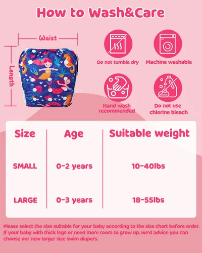 Vista 51 de Alva, Pañales de bebé para nadar, paquete de 2 unidades, talle único, reutilizable, lavable y ajustable de 0 a 36 meses. Tamaño de 10 a 40 lbs
