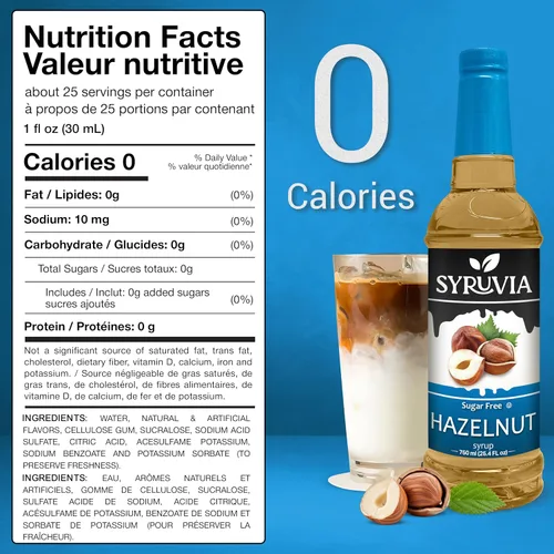 Vista 2 de Syruvia - Jarabe de café sin azúcar, jarabe con sabor a avellana para bebidas, lattes y postres, 25.4 onzas líquidas