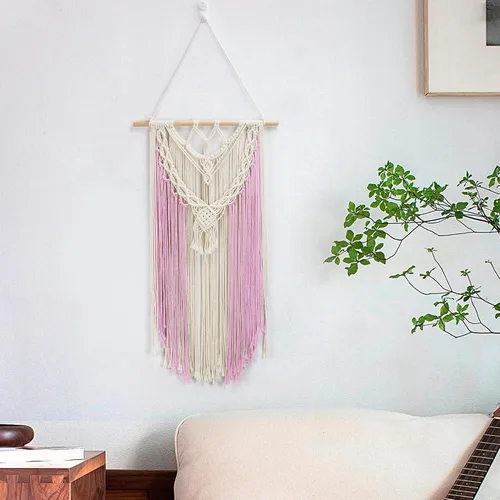 Vista 4 de LB Colgante de pared de macramé rosa, decoración de pared de macramé bohemio, borla rosa y beige, bohemio, tejido a mano, macramé, decoración