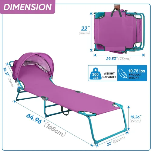 Vista 3 de Northroad Paquete de 2 sillas de playa con toldo, silla bronceadora plegable ajustable de 4 posiciones, tumbona resistente para exteriores