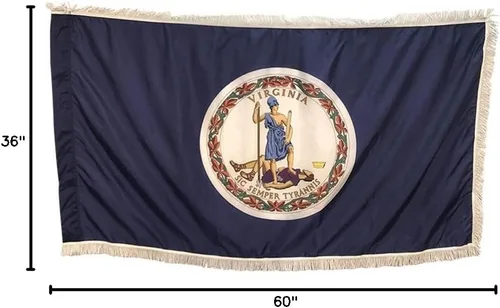 Vista 4 de Bandera de Virginia para interiores de 3 x 5 pies con dobladillo de poste y flecos ornamentales dorados