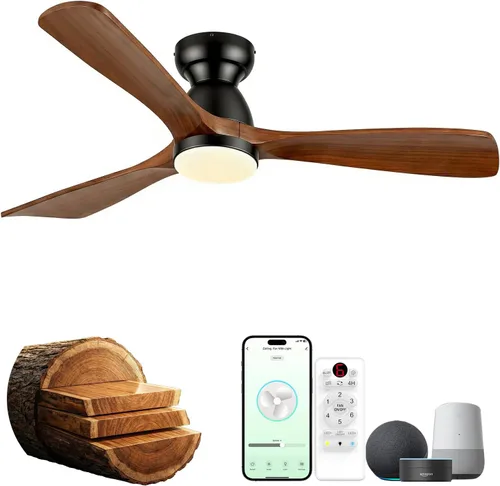 Vista 13 de Ventiladores de techo inteligentes de 52 pulgadas con luces, ventilador de techo de madera de perfil bajo para exteriores, motor de CC silencioso