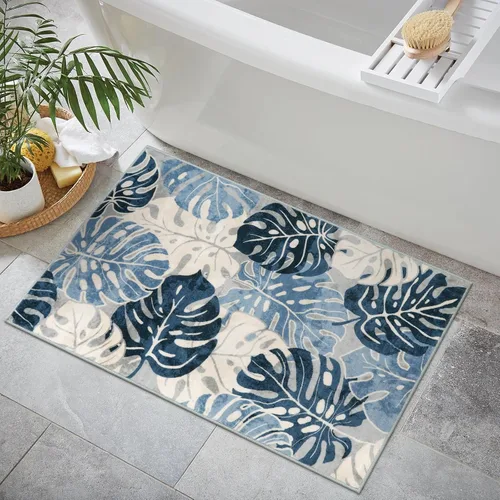 Vista 6 de Wonnitar Leaf - Alfombra de cocina de 2x3 pies, alfombra azul pequeña para baño, alfombra decorativa lavable para mesita de noche, planta