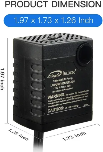 Vista 4 de Simple Deluxe 80 GPH Bomba de Agua Sumergible (300L/H, 3.6W), Bomba de Fuente Ultra Silenciosa con 2.6 pies, 2 Boquillas para Acuario, Piscina