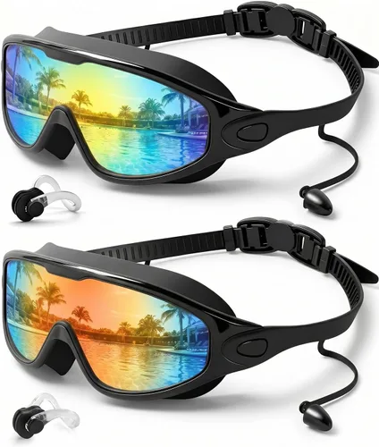 Vista 10 de Swim Goggles 2 Pack, Wide View Anti Fog&UV Swimming Goggles for Audlt, No Leak Pool Beach Essentials for Men Women Azul claro y rosa espejado