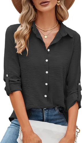 Vista 72 de Odosalii - Camisas con botones para mujer, con cuello en V, manga larga, enrolladas, blusas elegantes y formales para negocios y ocasiones casuales
